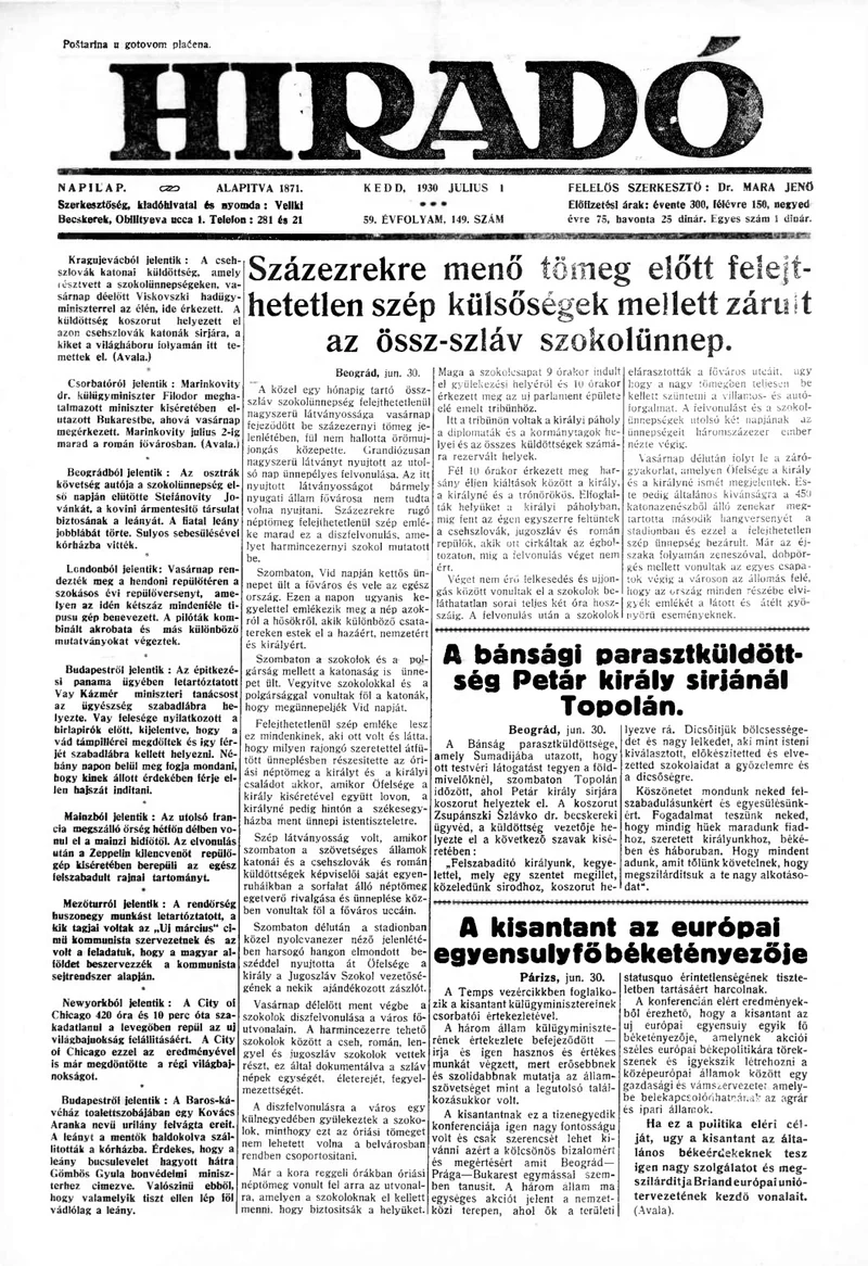 Híradó, 59. évf. 1930. július 1. 149. sz.