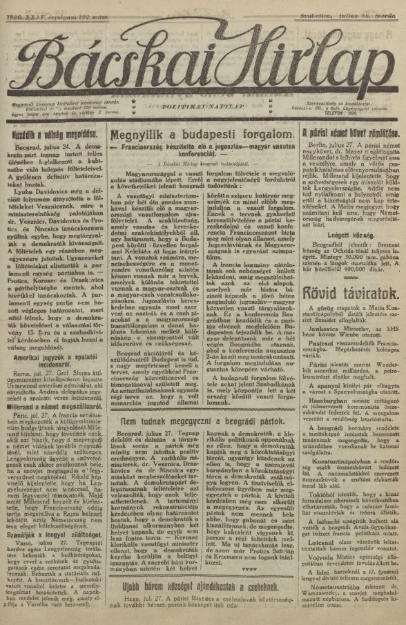 Bácskai Hirlap, 24. évf. 1920. július 28. 122. sz.