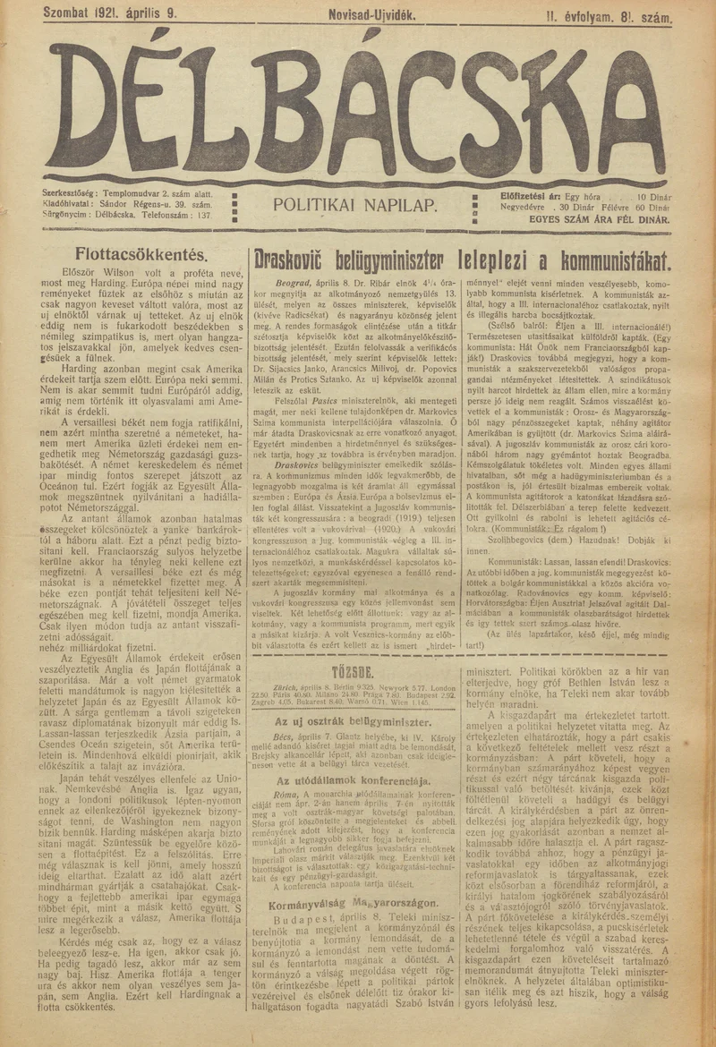 Délbácska, 2. évf. 1921. április 9. 81. sz.