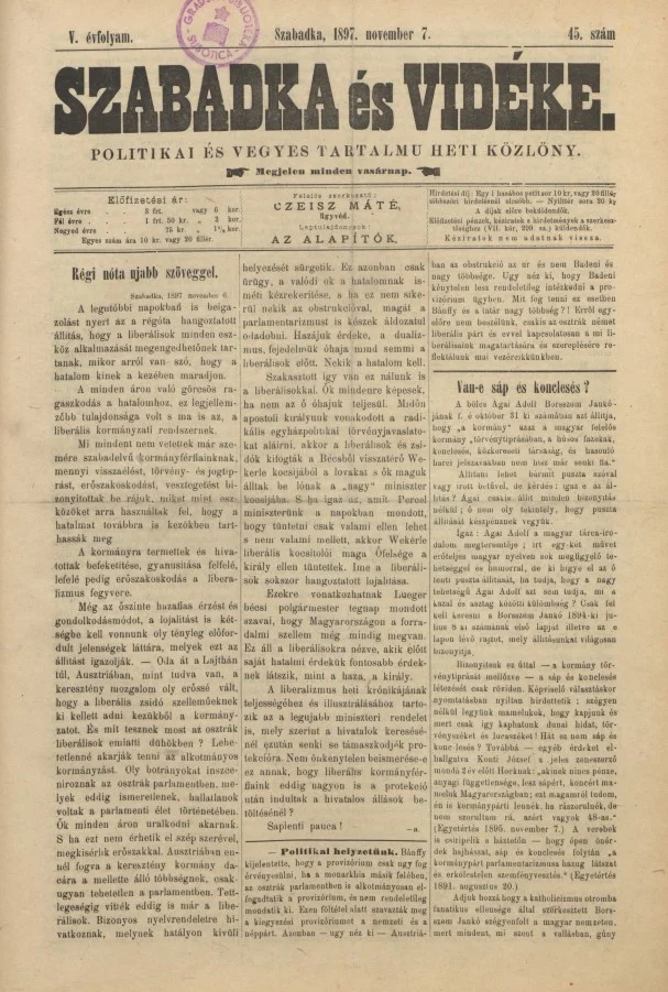 Szabadka és vidéke II, 5. évf. 1897. november 7. 45. sz.