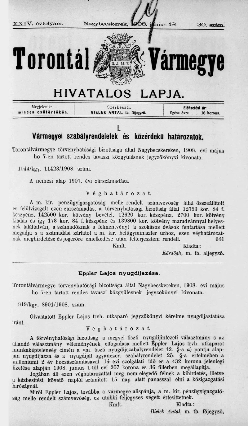Torontál Vármegye Hivatalos Lapja, 24. évf. 1908. június 18. 30. sz.
