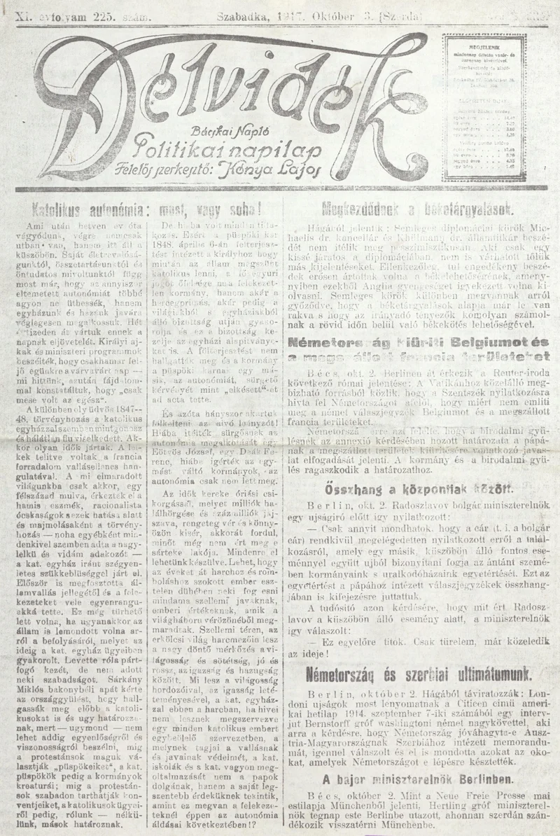 Délvidék, 12. évf. 1918. október 3. 225. sz.