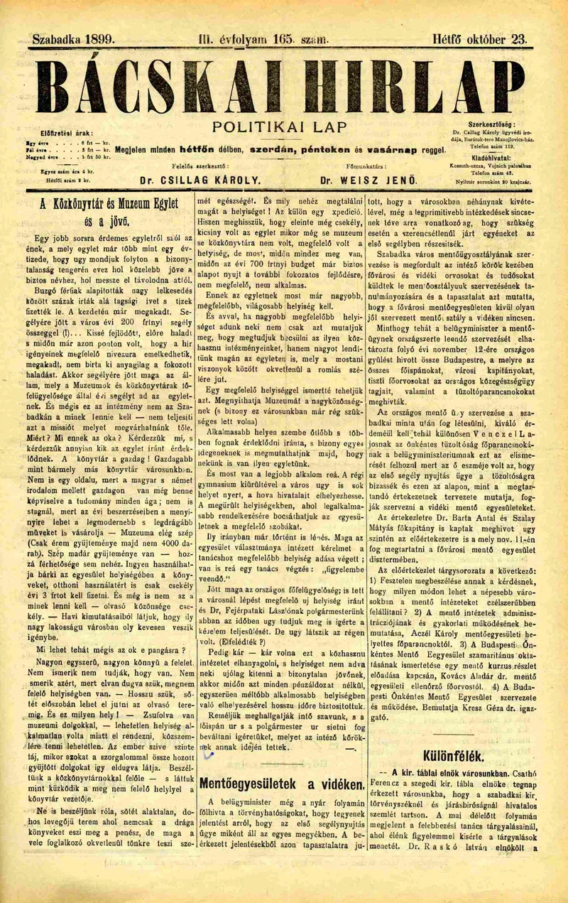 Bácskai Hirlap, 3. évf. 1899. október 23. 165. sz.