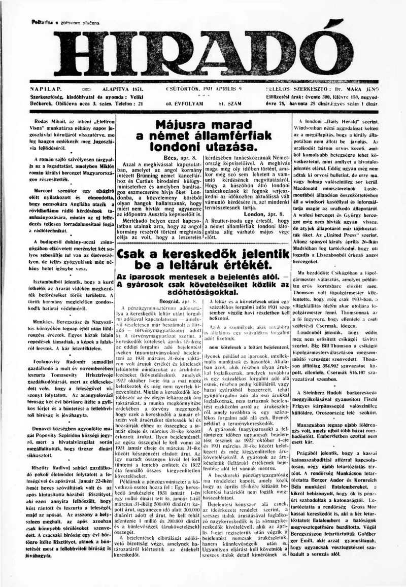 Híradó, 60. évf. 1931. április 9. 81. sz.