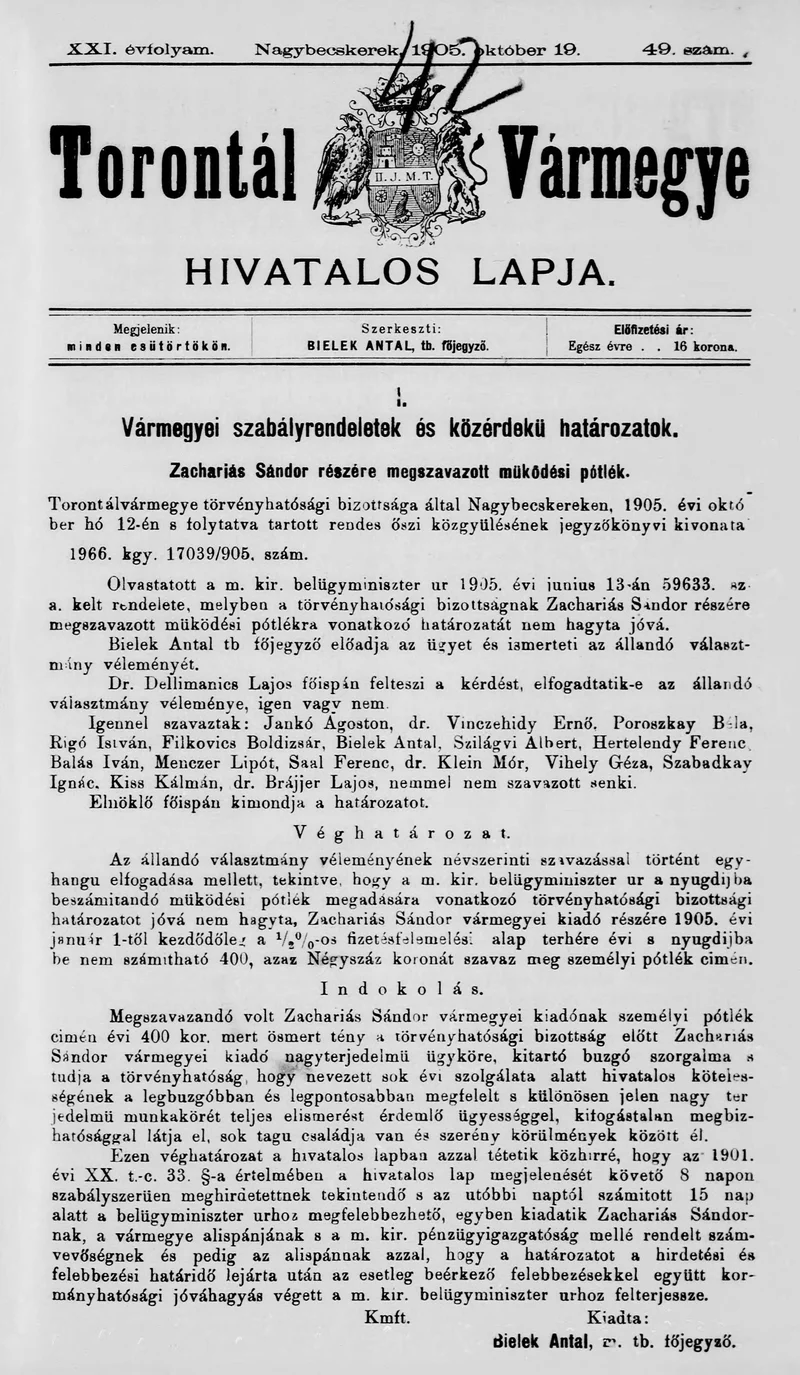 Torontál Vármegye Hivatalos Lapja, 21. évf. 1905. október 19. 49. sz.