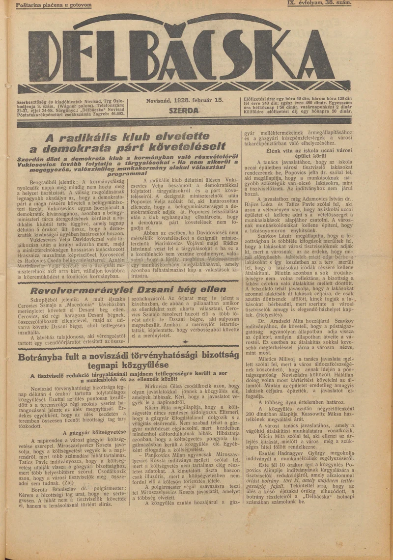 Délbácska, 9. évf. 1928. február 15. 38. sz.