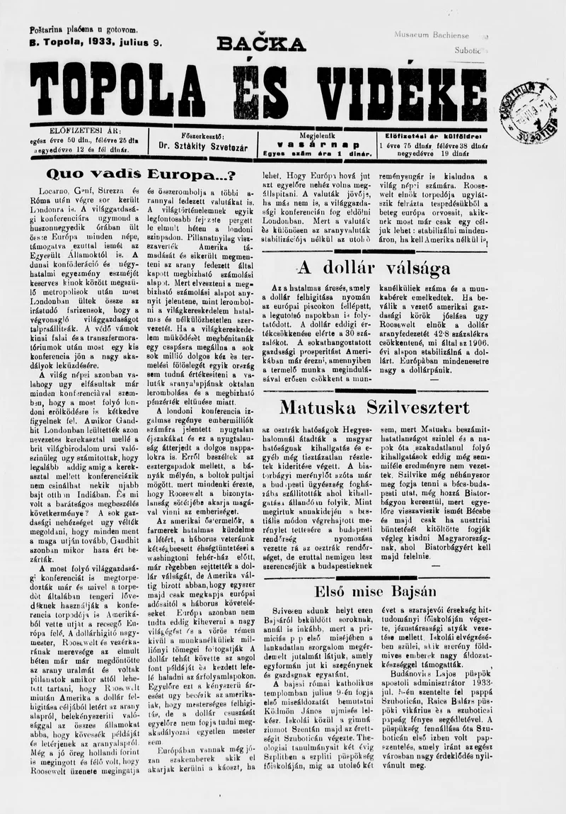 Bačka Topola és Vidéke, 10. évf. 1933. július 9. 28. sz.