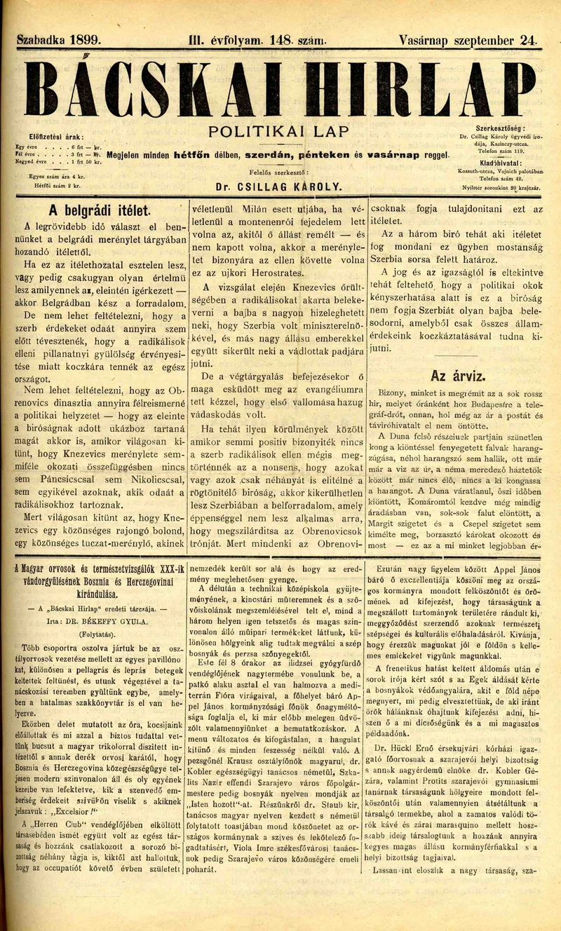 Bácskai Hirlap, 3. évf. 1899. szeptember 24. 148. sz.