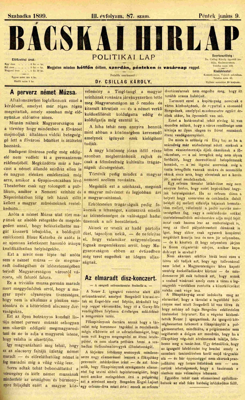 Bácskai Hirlap, 3. évf. 1899. június 9. 87. sz.