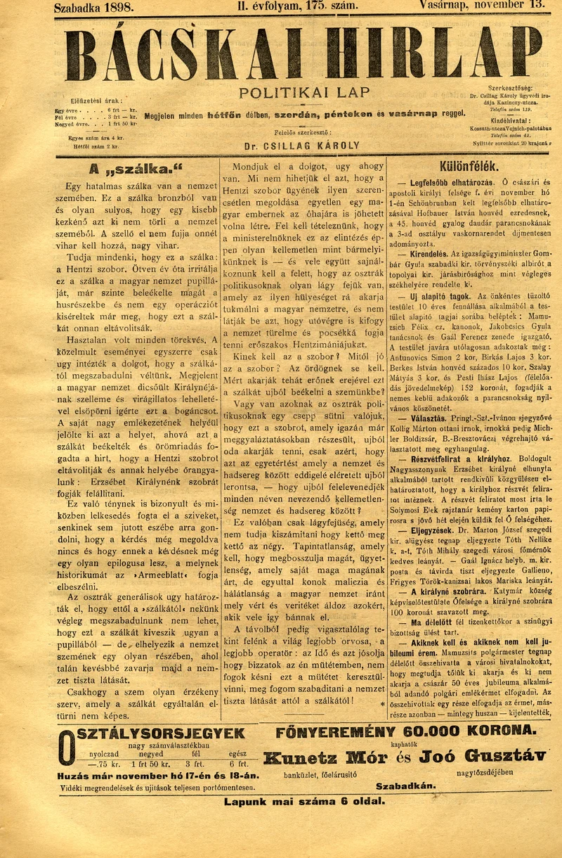 Bácskai Hirlap, 2. évf. 1898. november 13. 175. sz. 1–6. oldal