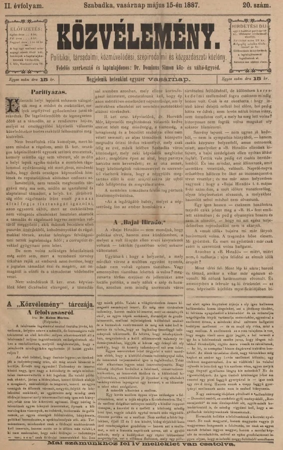 Közvélemény, 2. évf. 1887. május 15. 20. sz.