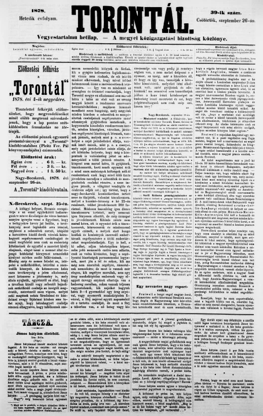 Torontál, 7. évf. 1878. szeptember 26. 39. sz.