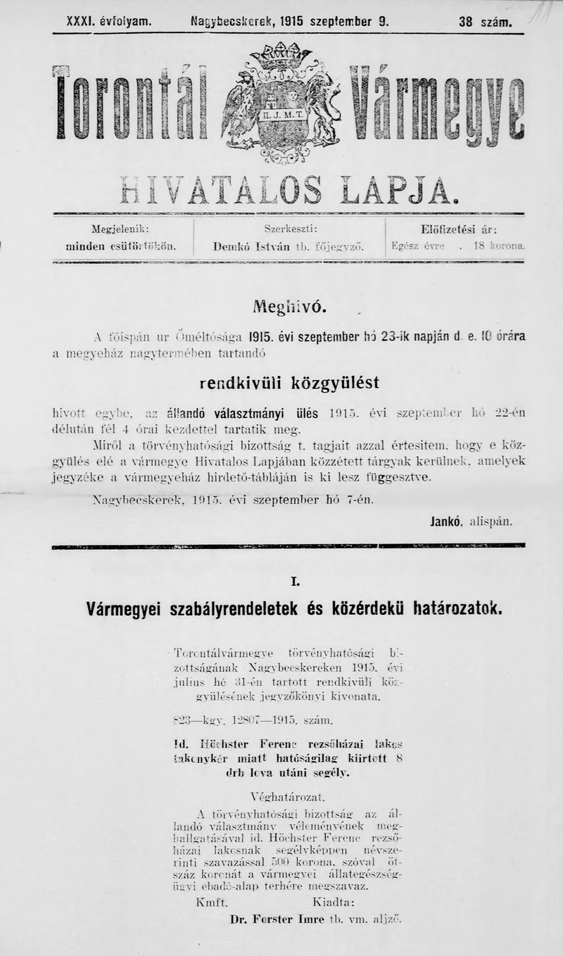 Torontál Vármegye Hivatalos Lapja, 31. évf. 1915. szeptember 9. 38. sz.