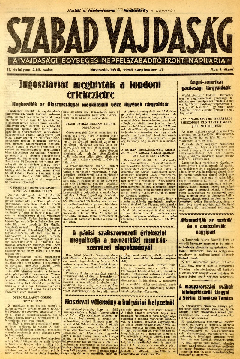 Szabad Vajdaság, 2. évf. 1945. szeptember 17. 215. sz.