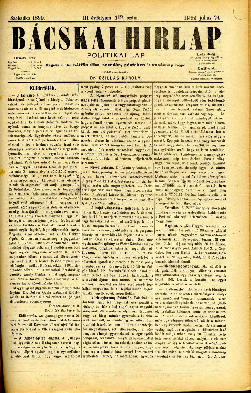 Bácskai Hirlap, 3. évf. 1899. július 24. 112. sz.