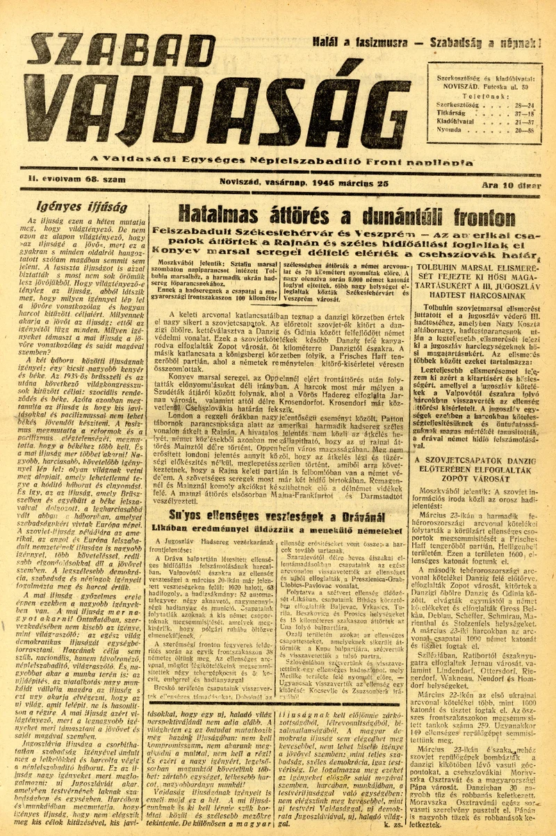 Szabad Vajdaság, 2. évf. 1945. március 25. 68. sz.