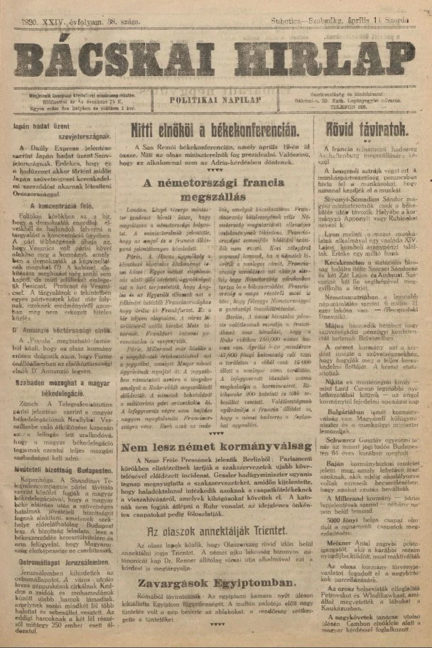 Bácskai Hirlap, 24. évf. 1920. április 14. 38. sz.