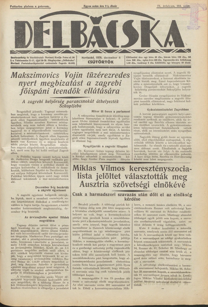 Délbácska, 9. évf. 1928. december 6. 284. sz.