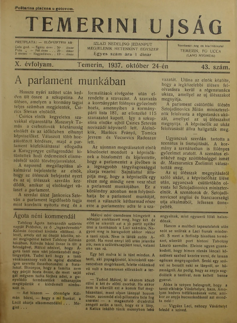 Temerini Újság 1928-1944, 10. évf. 1937. október 24. 43. sz.