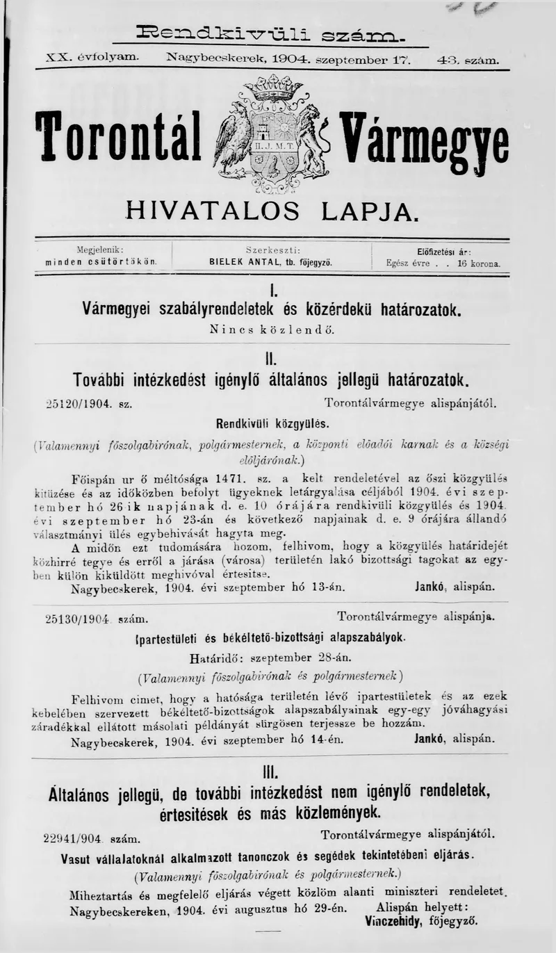 Torontál Vármegye Hivatalos Lapja, 20. évf. 1904. szeptember 17. 43. sz.
