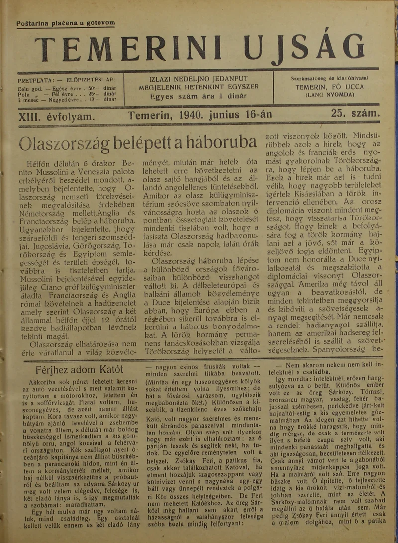 Temerini Újság 1928-1944, 13. évf. 1940. június 16. 25. sz.