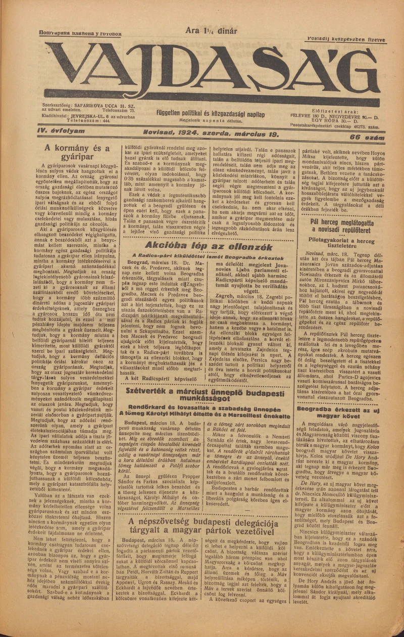Vajdaság, 4. évf. 1924. március 19. 66. sz.