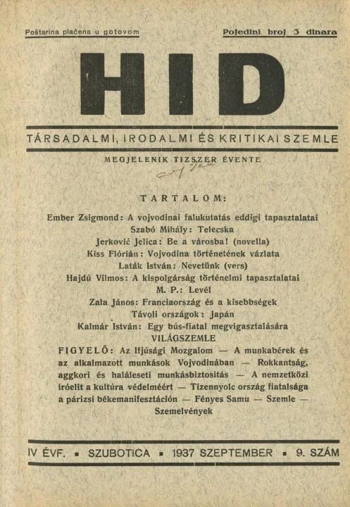 Híd, 4. évf. 1937. szeptember. 9. sz. 1–36. oldal