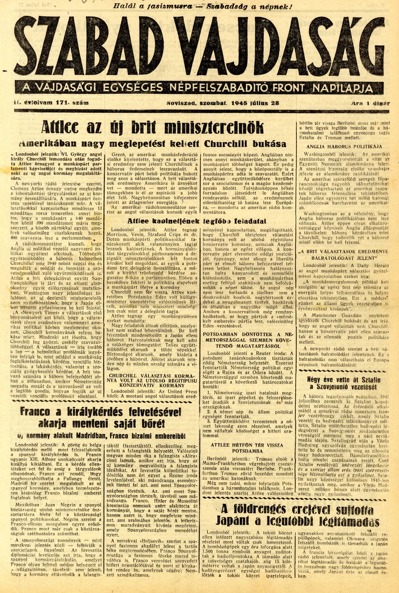 Szabad Vajdaság, 2. évf. 1945. július 28. 171. sz.
