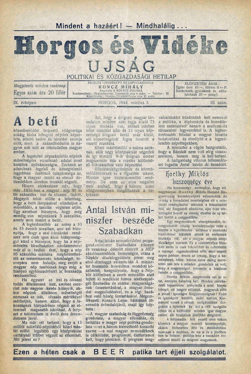 Horgos és vidéke, 9. évf. 1944. március 5. 10. sz.