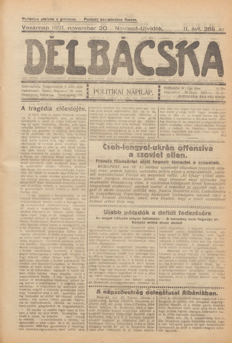 Délbácska, 2. évf. 1921. november 20. 268. sz.