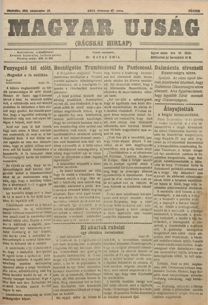 Bácskai Hirlap, 23. évf. 1919. szeptember 26. 87. sz.