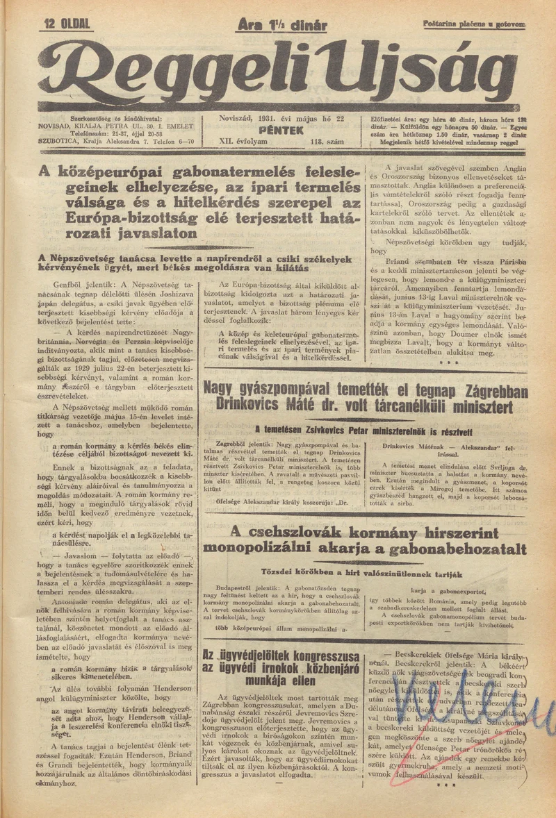 Reggeli Újság, 12. évf. 1931. május 22. 118. sz.