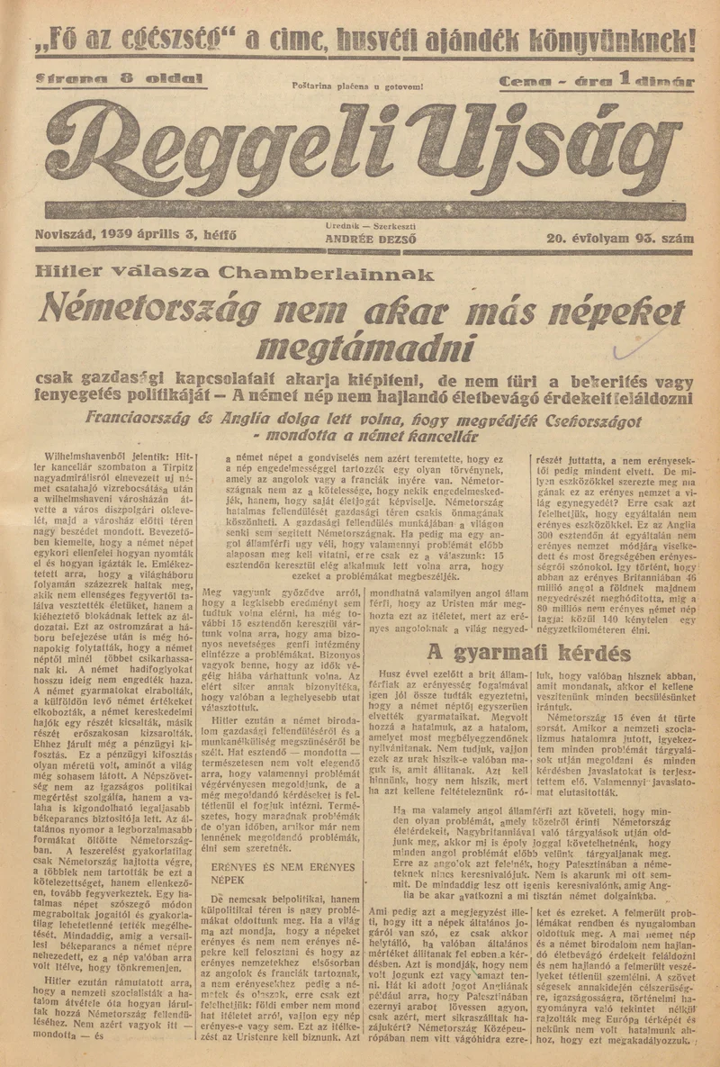 Reggeli Újság, 20. évf. 1939. április 3. 93. sz.