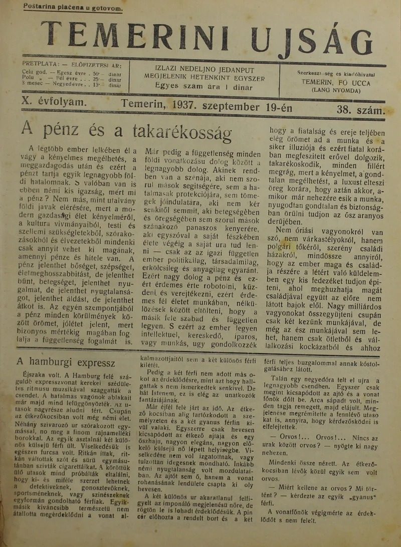 Temerini Újság 1928-1944, 10. évf. 1937. szeptember 19. 38. sz.