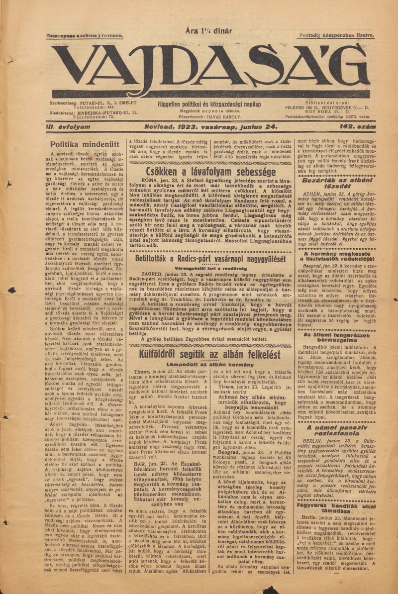 Vajdaság, 3. évf. 1923. június 24. 142. sz.