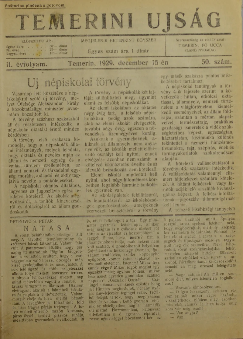 Temerini Újság 1928-1944, 2. évf. 1929. december 15. 50. sz.