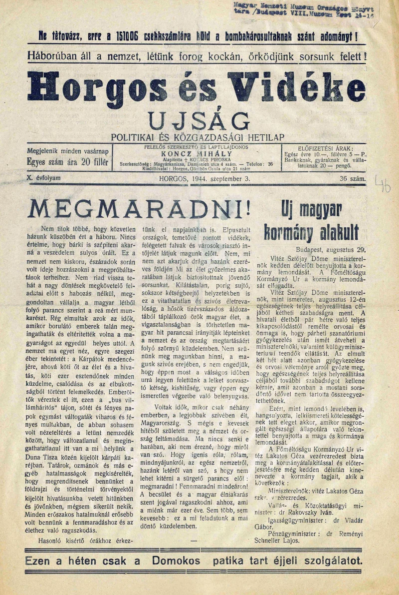 Horgos és vidéke, 9. évf. 1944. szeptember 3. 36. sz.