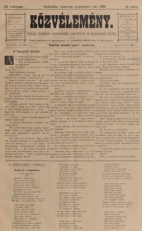 Közvélemény, 3. évf. 1888. szeptember 2. 36. sz.