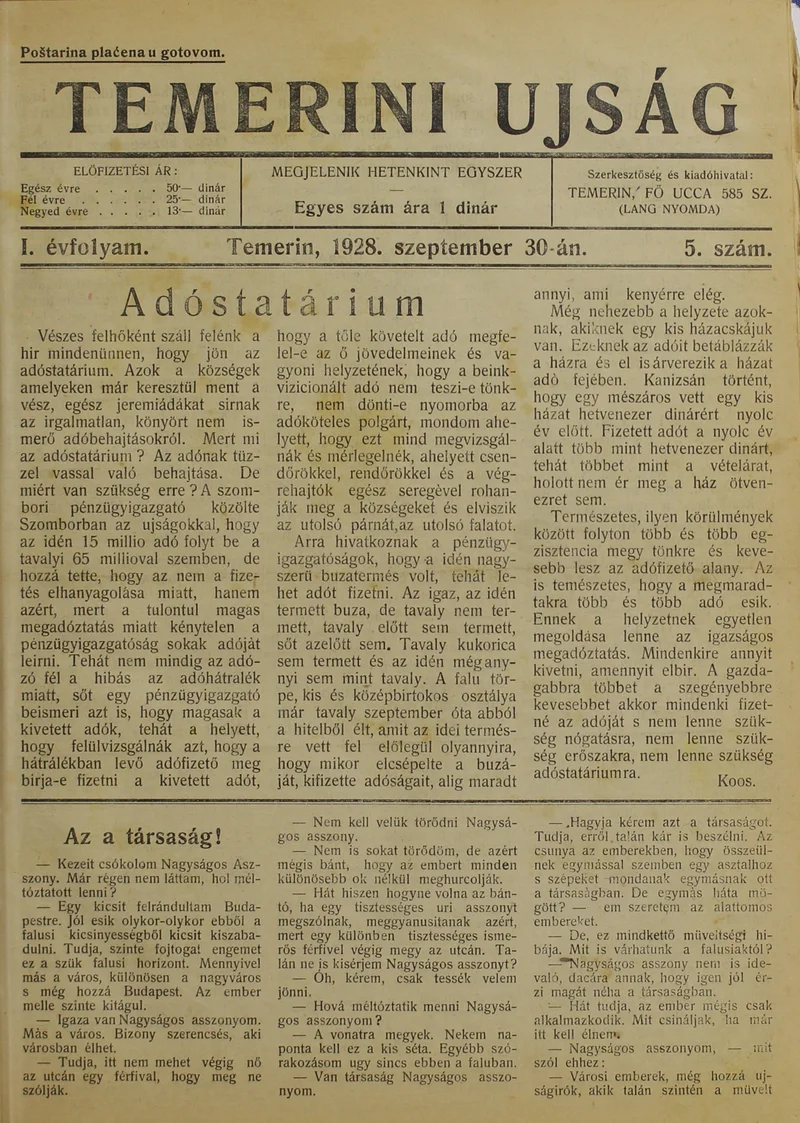 Temerini Újság 1928-1944, 1. évf. 1928. szeptember 30. 5. sz.