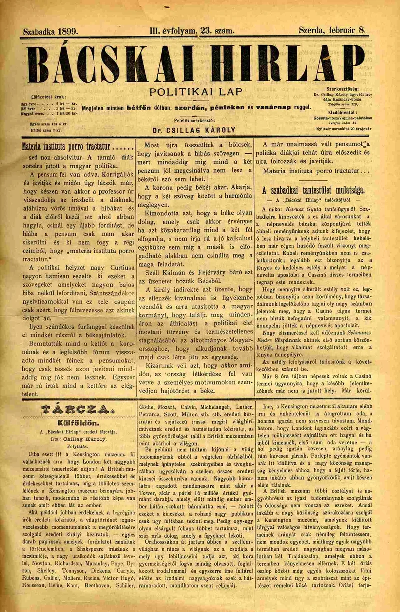 Bácskai Hirlap, 3. évf. 1899. február 8. 23. sz.