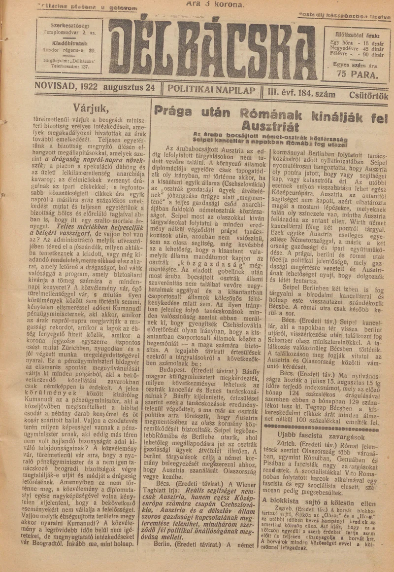Délbácska, 3. évf. 1922. augusztus 24. 184. sz.