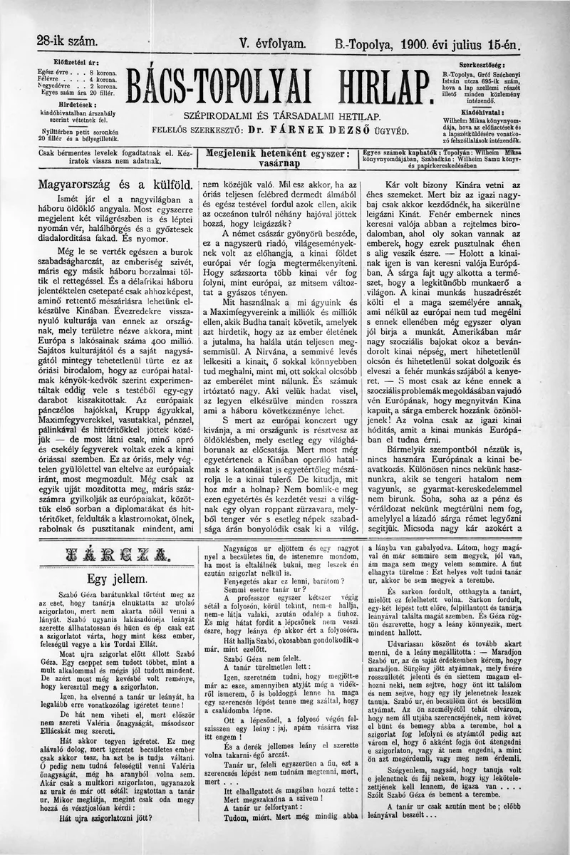 Bács-Topolyai Hirlap, 5. évf. 1900. július 15. 28. sz.