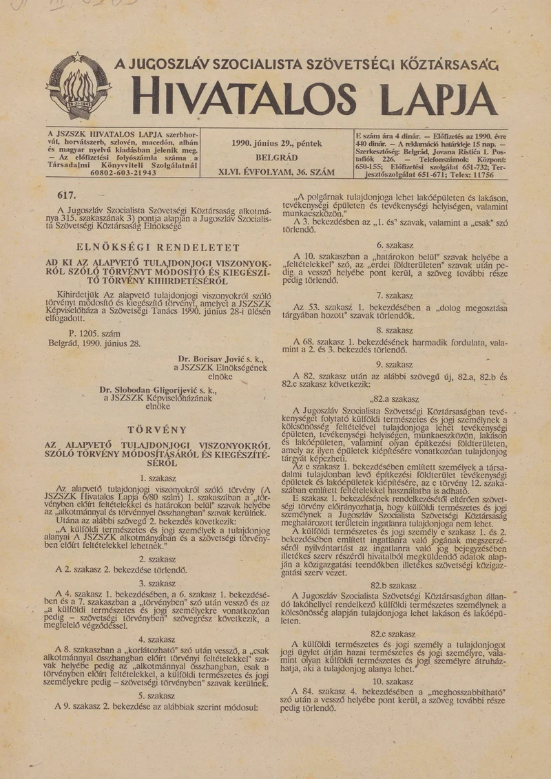A Jugoszláv Szocialista Szövetségi Köztársaság Hivatalos Lapja, 46. évf. 1990. június 29. 36. sz. 1197–1208. oldal