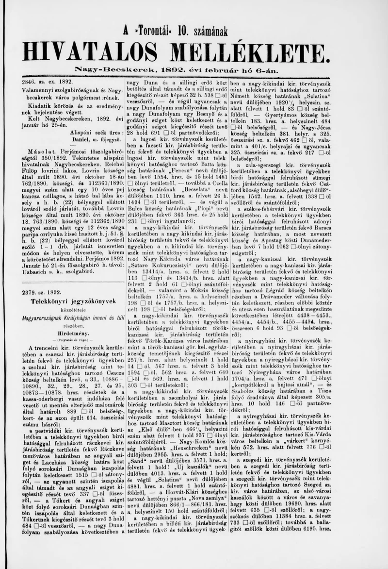 A Totontál  hivatalos melléklete, 5. évf. 1892. február 6. 10. sz.