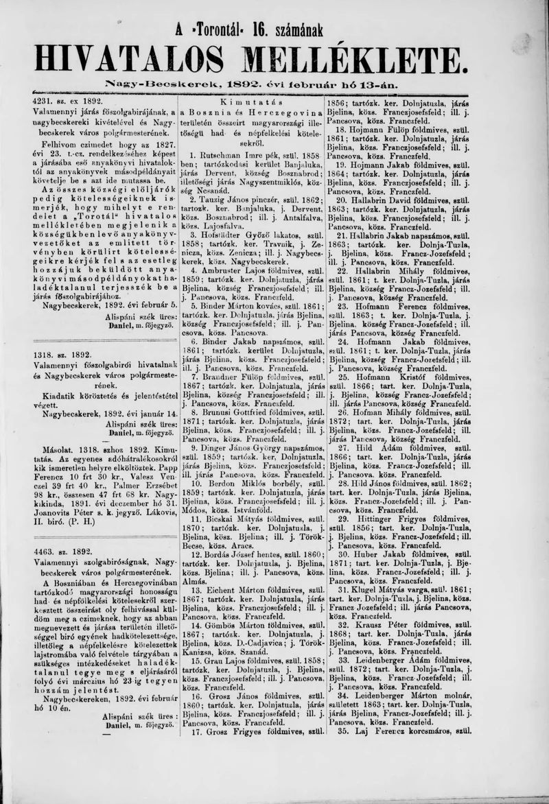 A Totontál  hivatalos melléklete, 5. évf. 1892. február 13. 16. sz.