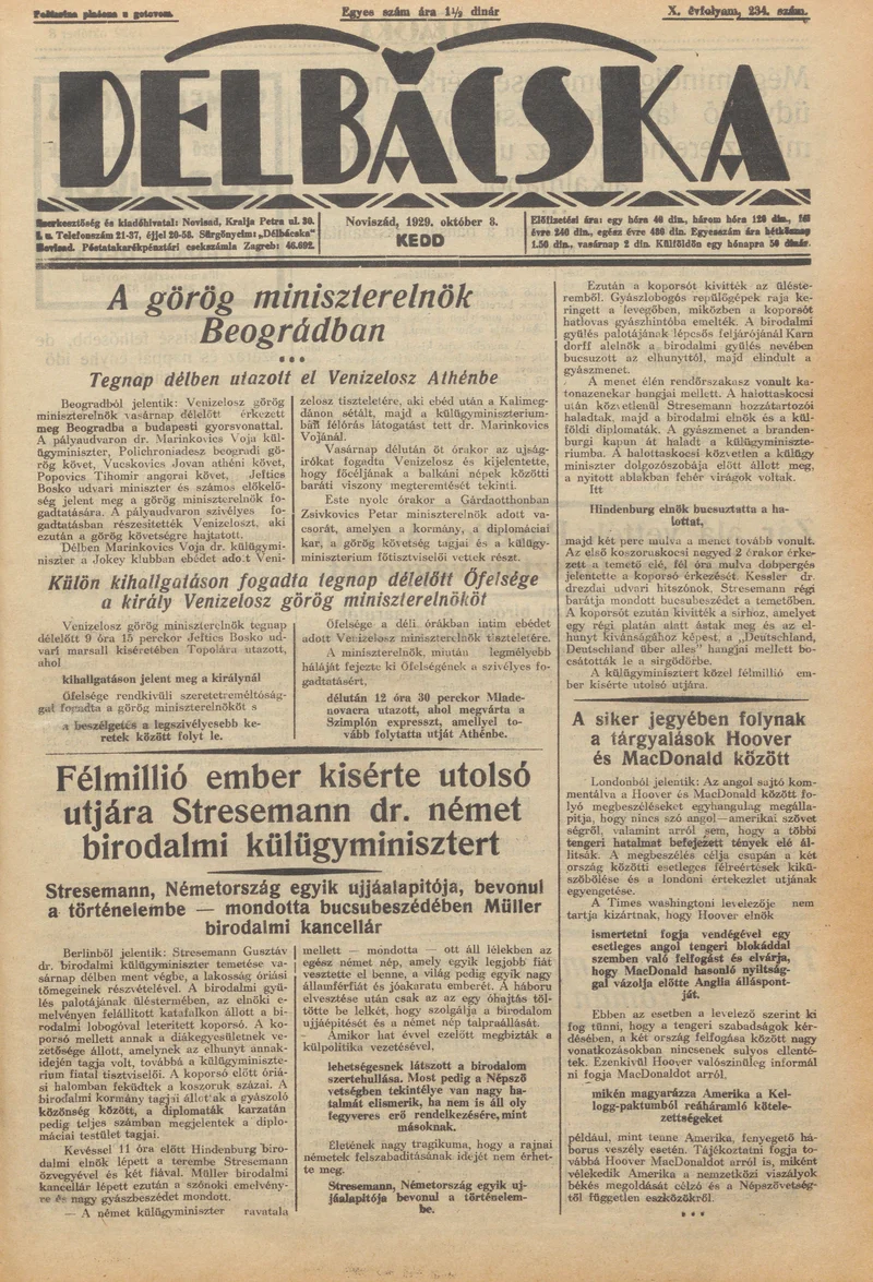Délbácska, 10. évf. 1929. október 8. 234. sz.
