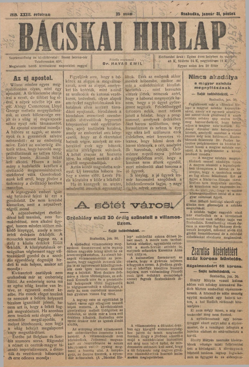 Bácskai Hirlap, 23. évf. 1919. január 31. 25. sz.