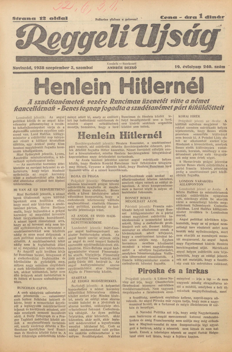 Reggeli Újság, 19. évf. 1938. szeptember 3. 240. sz.