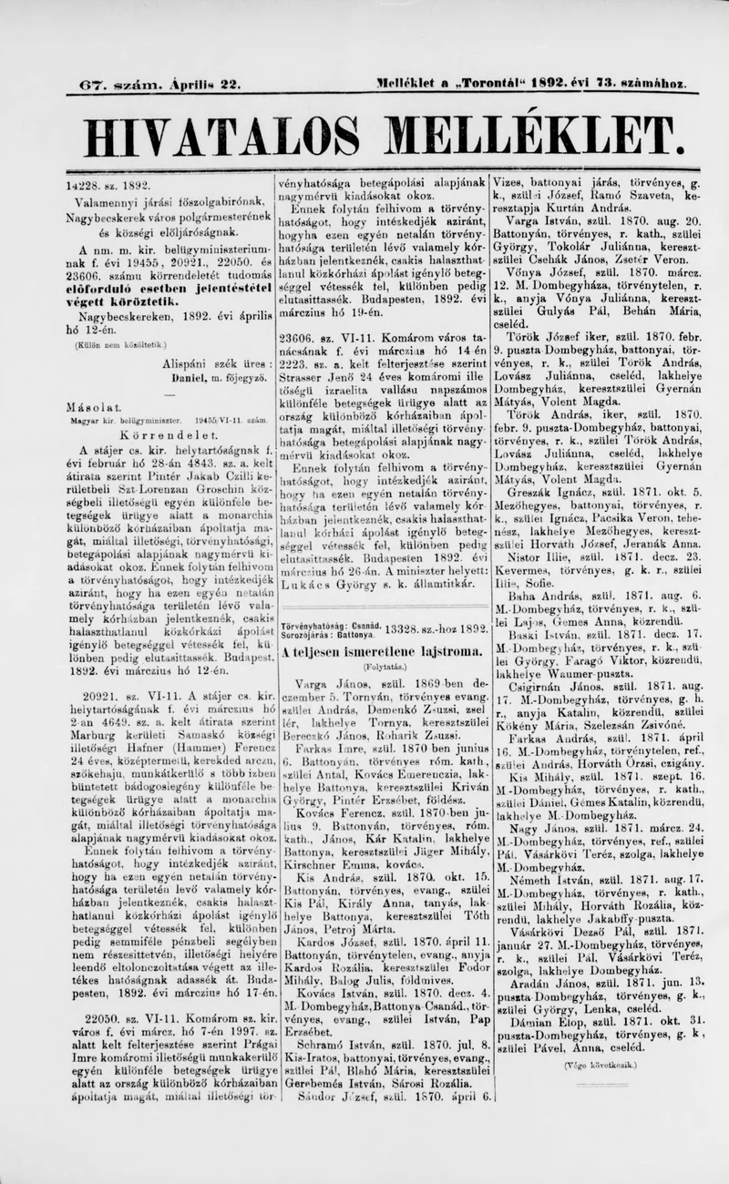 A Totontál  hivatalos melléklete, 5. évf. 1892. április 22. 67. sz.