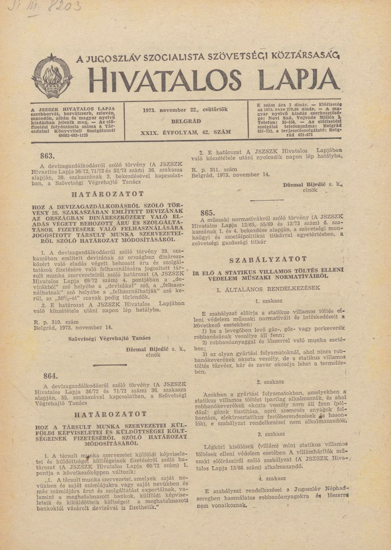 A Jugoszláv Szocialista Szövetségi Köztársaság Hivatalos Lapja, 29. évf. 1973. november 22. 62. sz. 1777–1796. oldal